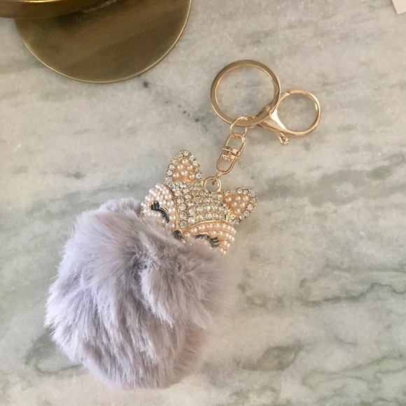 Rhinestone Fox Furry Pom Pom Pearl Keychain Purse - Picture 2 of 4